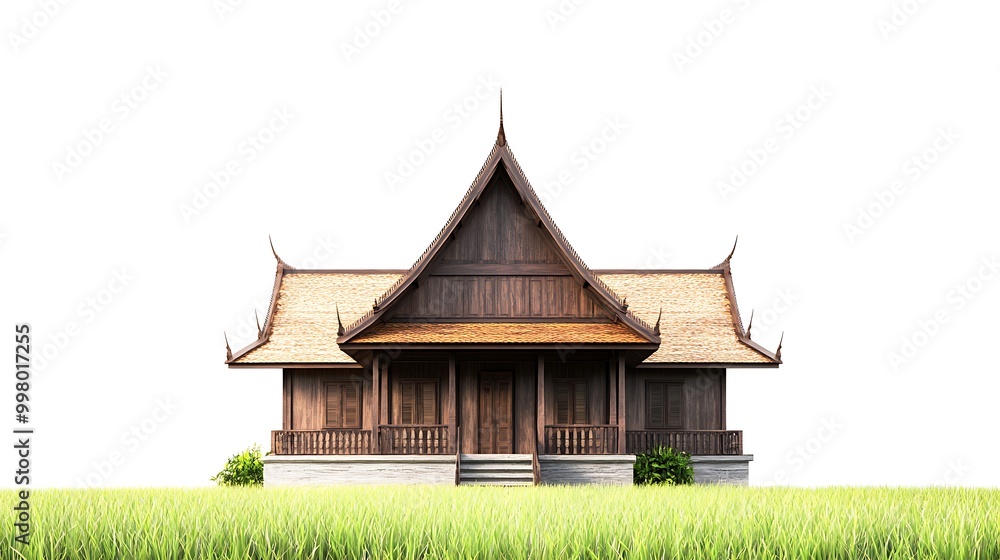 Fototapeta premium Traditional Thai House with Gable Roof in a Field