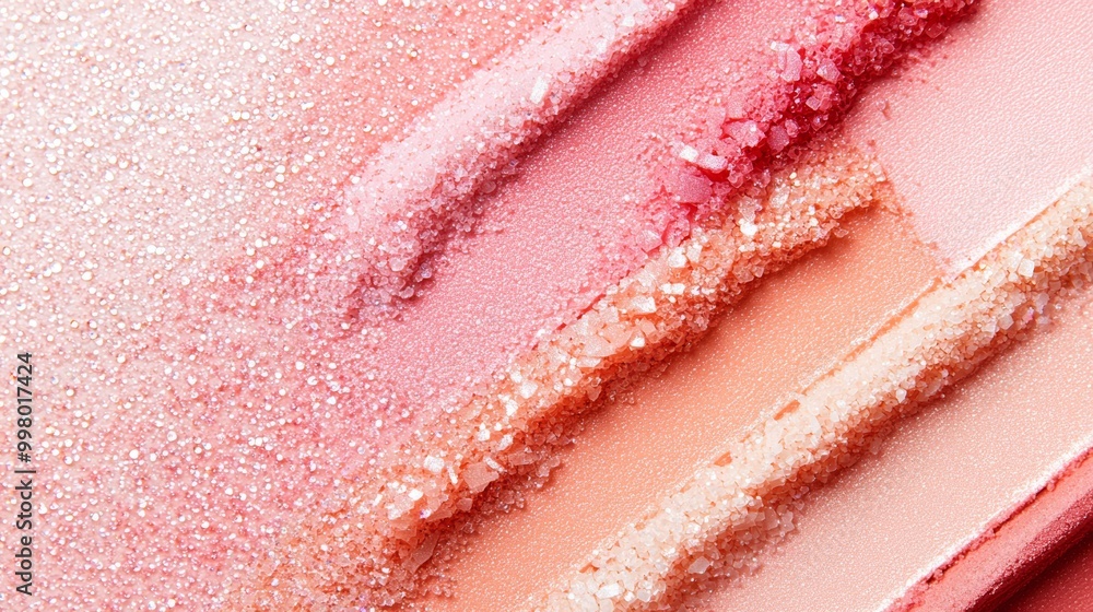 Fototapeta premium A close-up of dewy blush and highlighter swatches in sunny shades of peach and coral, arranged to create a radiant, glowing finish.