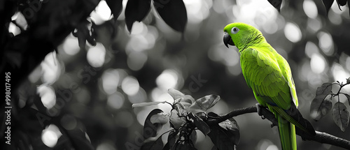 A bright green parrot perched on a black and white tree branch in a monochrome jungle