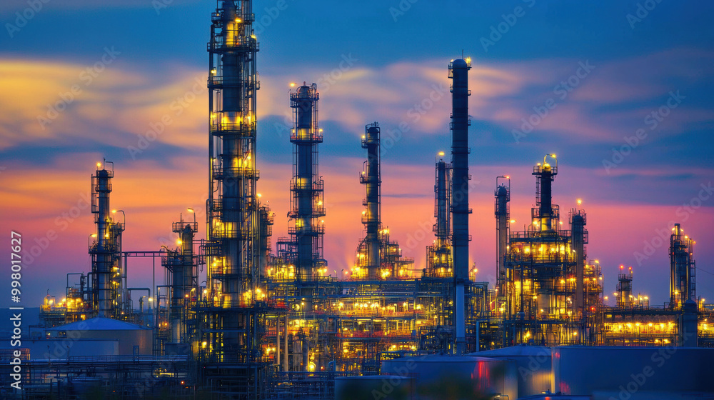 image showcases vibrant petrochemical plant at dusk, with numerous towering structures illuminated against colorful sky. scene conveys sense of industrial activity and energy image showcases vibrant petrochemical plant at dusk, with numerous towering structures illuminated against colorful sky. scene conveys sense of industrial activity and energy