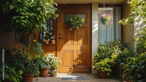 A cozy, inviting front door scene, with potted plants, hanging flowers, and wind chimes gently swaying in the breeze, creating a peaceful ambiance