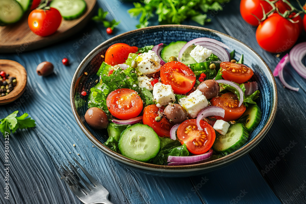 Fresh Greek Salad with Feta Cheese, Olives, and Tomatoes, Healthy Mediterranean Dish, Traditional Greek Cuisine, Colorful Vegetable Salad, Nutritious and Delicious Meal, Appetizing Food Photography
Fresh Greek Salad with Feta Cheese, Olives, and Tomatoes, Healthy Mediterranean Dish, Traditional Greek Cuisine, Colorful Vegetable Salad, Nutritious and Delicious Meal, Appetizing Food Photography