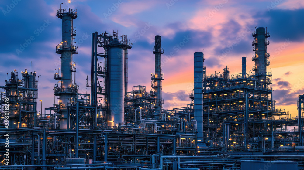 image showcases petrochemical plant with towering structures and intricate piping, illuminated by beautiful sunset. scene conveys sense of industrial complexity and energy image showcases petrochemical plant with towering structures and intricate piping, illuminated by beautiful sunset. scene conveys sense of industrial complexity and energy
