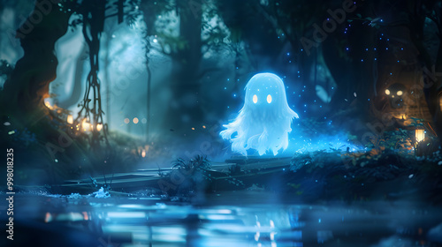 Cute artwork of a cartoon animated ghost cloud. photo