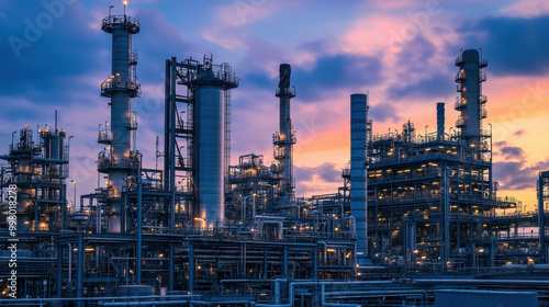 Wallpaper Mural image showcases petrochemical plant with towering structures and intricate piping, illuminated by beautiful sunset. scene conveys sense of industrial complexity and energy Torontodigital.ca