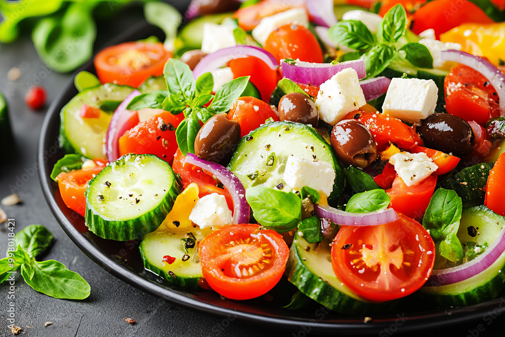 Fresh Greek Salad with Feta Cheese, Olives, and Tomatoes, Healthy Mediterranean Dish, Traditional Greek Cuisine, Colorful Vegetable Salad, Nutritious and Delicious Meal, Appetizing Food Photography
Fresh Greek Salad with Feta Cheese, Olives, and Tomatoes, Healthy Mediterranean Dish, Traditional Greek Cuisine, Colorful Vegetable Salad, Nutritious and Delicious Meal, Appetizing Food Photography