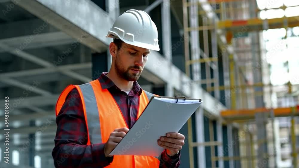 Smart Engineer Construction manager in white helmet looking clipboard or blueprint inspection building at new home construction Smart Engineer Construction manager in white helmet looking clipboard or blueprint inspection building at new home construction