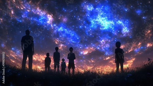 Silhouetted figures gazing at a vibrant cosmic night sky.