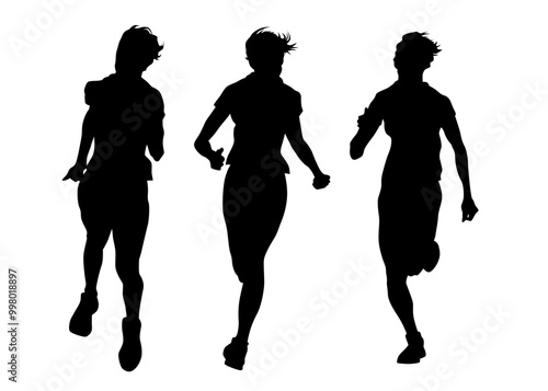 Young athletes run a marathon. Isolated silhouettes on white background