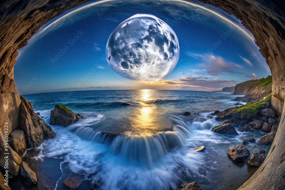 Fototapeta premium Fisheye moon reflected in waterfalls on the sea at night