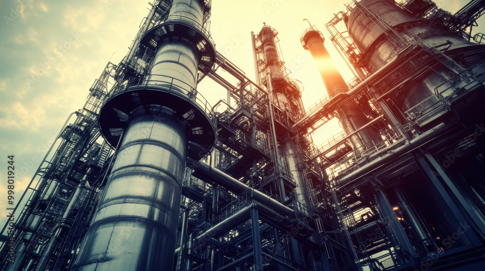 Industrial structures dominate skyline, showcasing petrochemical production plant with towering refining equipment. intricate design and metallic surfaces reflect innovation in energy production Industrial structures dominate skyline, showcasing petrochemical production plant with towering refining equipment. intricate design and metallic surfaces reflect innovation in energy production