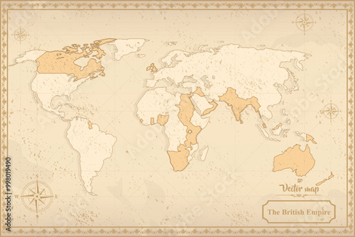 Map of British Empire in the old style, brown graphics in retro fantasy style.