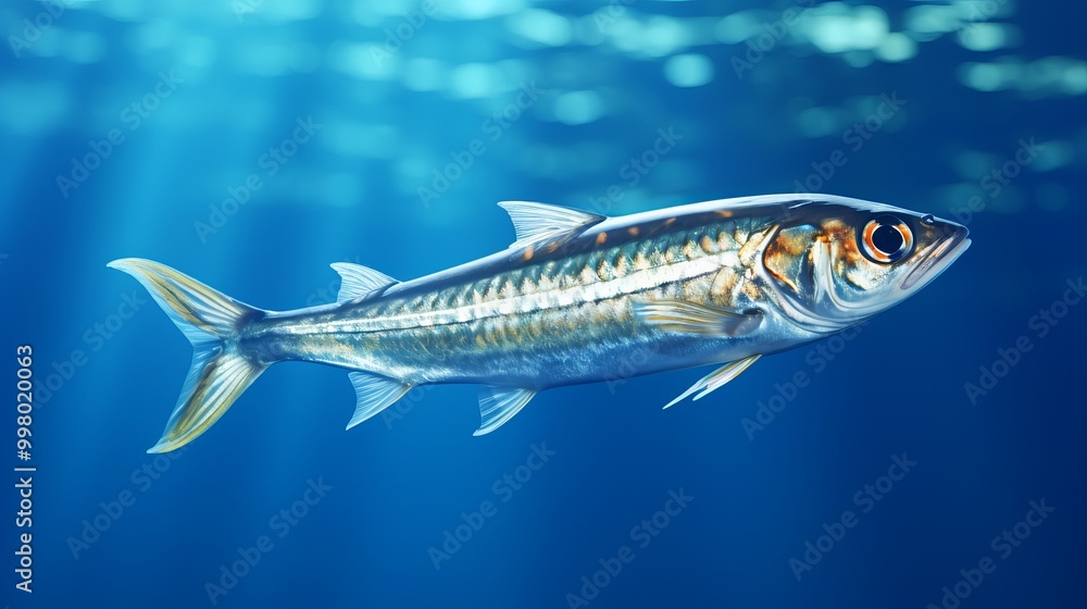 A silver fish swims gracefully in clear ocean waters, illuminated by sunbeams A silver fish swims gracefully in clear ocean waters, illuminated by sunbeams