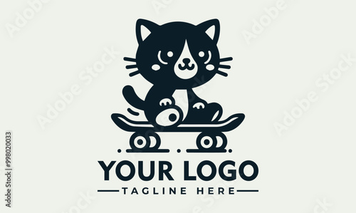 Cat with big eyes skateboarding vector logo perfect for pet lovers, Halloween designs, and skateboardthemed projects needing a touch of whimsy