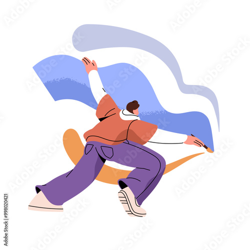 Talented artist painting waves, lines with brush. Creative painter drawing with paintbrush back view. Person creates modern artwork, wall art. Flat isolated vector illustration on white background