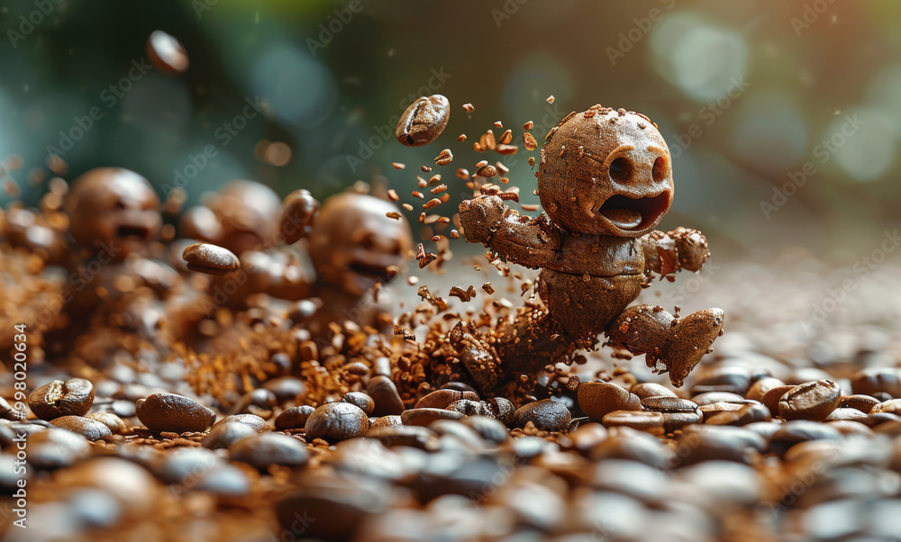 A cartoonish figure is running through a pile of coffee beans. The scene is chaotic and messy, with the beans flying everywhere. Scene is playful and lighthearted A cartoonish figure is running through a pile of coffee beans. The scene is chaotic and messy, with the beans flying everywhere. Scene is playful and lighthearted