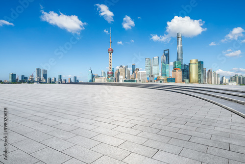 Photography Empty square floor and city skyline with modern buildings scenery in Shanghai