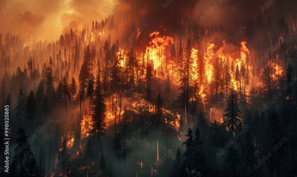 A forest fire is raging through a wooded area. The trees are blackened and charred, and the sky is filled with smoke. The scene is intense and dramatic, with the fire spreading rapidly A forest fire is raging through a wooded area. The trees are blackened and charred, and the sky is filled with smoke. The scene is intense and dramatic, with the fire spreading rapidly