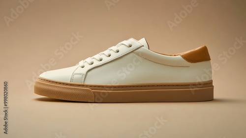 Beige leather low-top sneakers with tan soles and clean lines isolated on a soft gradient background minimalist autumn style  photo