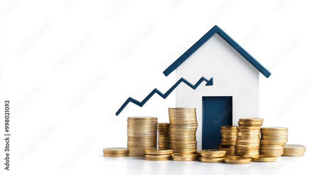 A white house with an upward arrow, standing on a stack of gold coins, symbolizing property value growth. A white house with an upward arrow, standing on a stack of gold coins, symbolizing property value growth.
