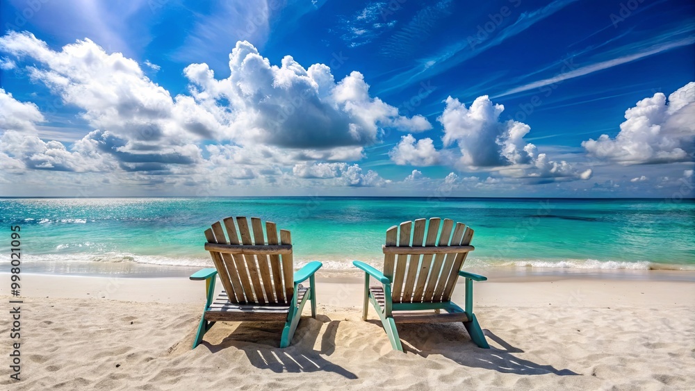A serene beach scene featuring two chairs facing a vibrant ocean under a bright blue sky filled with fluffy clouds. A serene beach scene featuring two chairs facing a vibrant ocean under a bright blue sky filled with fluffy clouds.
