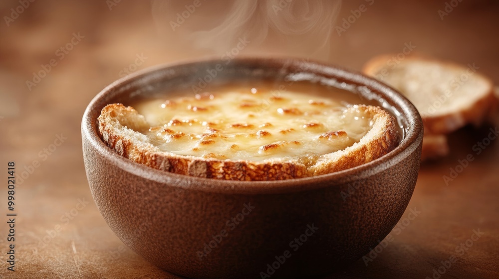 Bowl of French onion soup with toasted bread floating, topped with melted cheese, steam rising isolated on a warm gradient background cozy and flavorful Bowl of French onion soup with toasted bread floating, topped with melted cheese, steam rising isolated on a warm gradient background cozy and flavorful