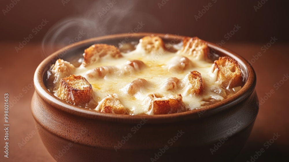 Bowl of French onion soup with toasted bread floating, topped with melted cheese, steam rising isolated on a warm gradient background cozy and flavorful Bowl of French onion soup with toasted bread floating, topped with melted cheese, steam rising isolated on a warm gradient background cozy and flavorful