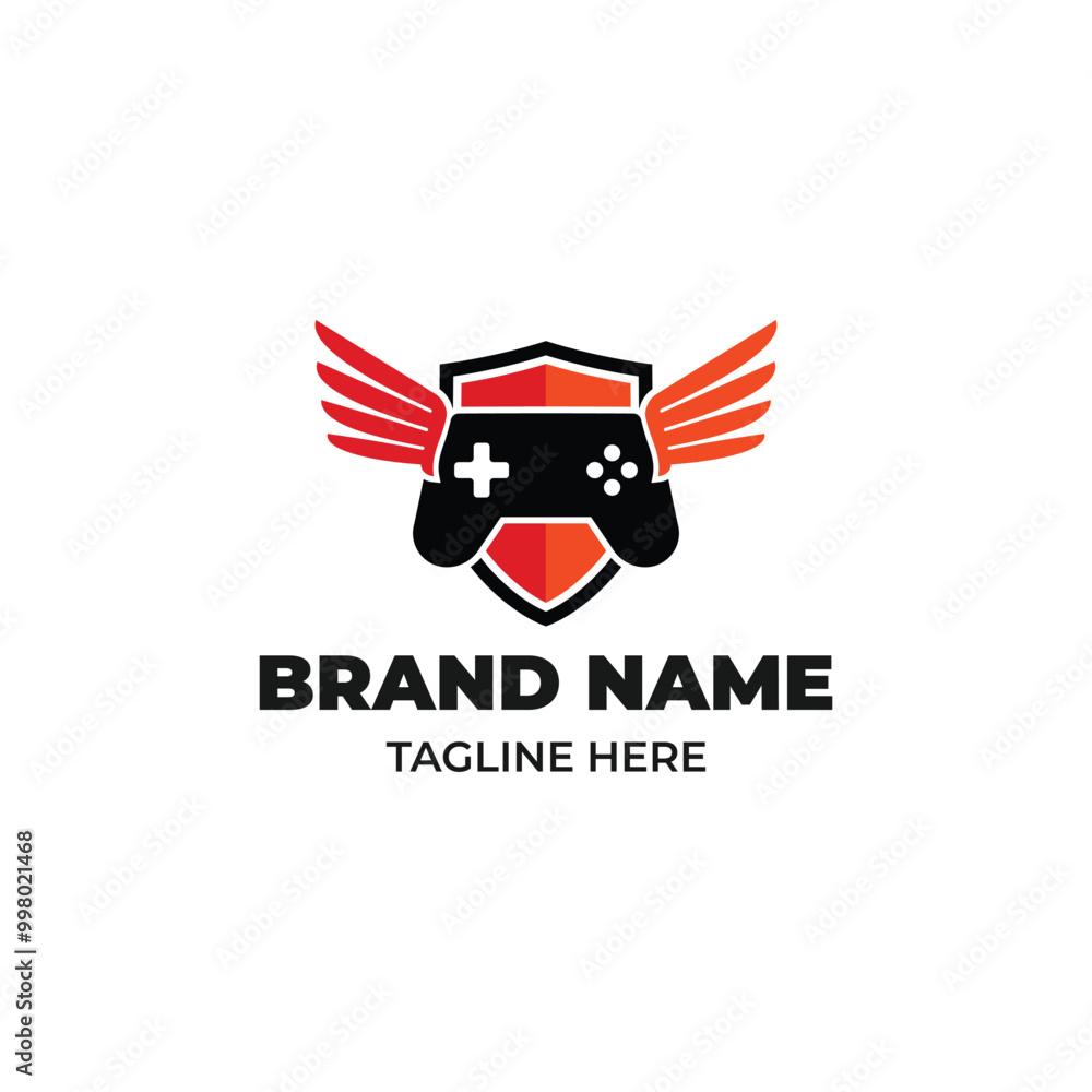 Gaming logo with joystick, wings and shield symbols Gaming logo with joystick, wings and shield symbols