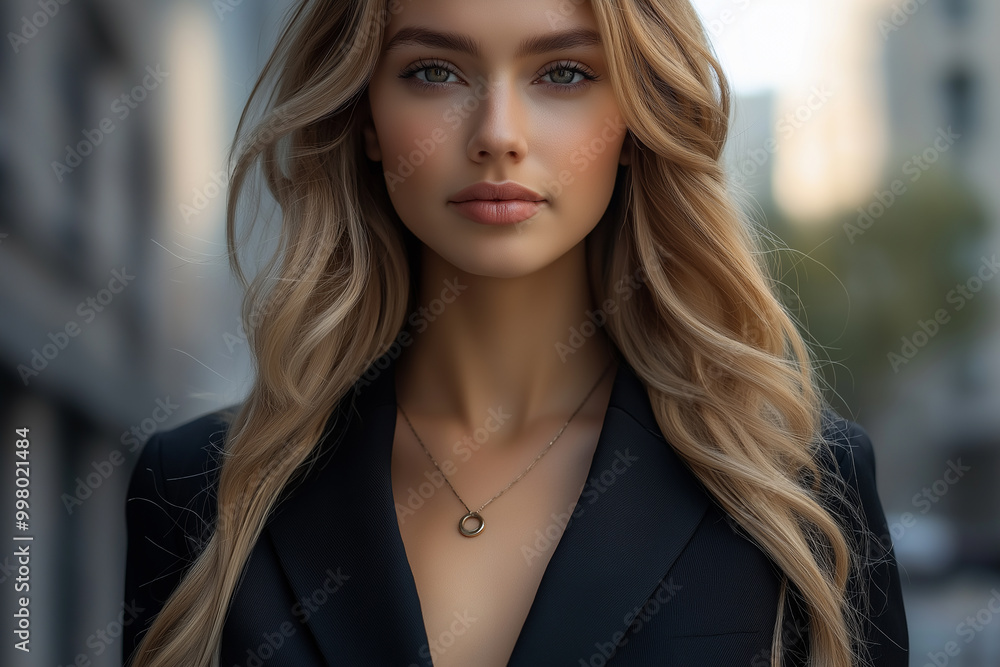 A picture of the upper body of a beautiful business woman standing in a suit, the city background of a high-rise building A picture of the upper body of a beautiful business woman standing in a suit, the city background of a high-rise building