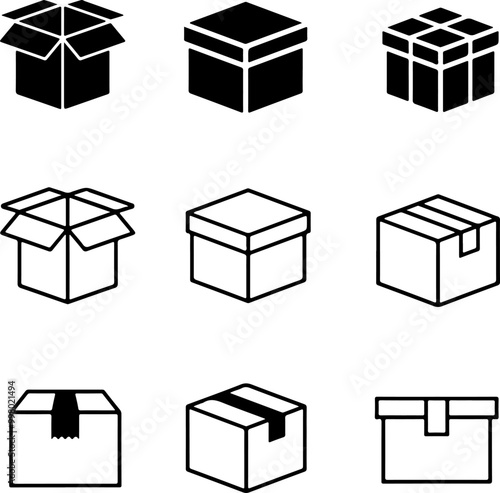 Icon set of package shipping box delivery parcel import export return distribution. Thin line icons flat vector illustrations isolated on white and transparent background