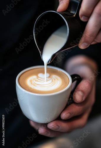 A barista pouring milk into a coffee