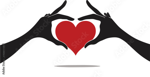 vector illustration of silhouetted hands with a red heart in the center on a white background, easily editable 