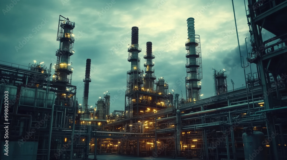 Industrial petrochemical facility with towering structures and illuminated pipes, showcasing complex network of machinery against moody sky Industrial petrochemical facility with towering structures and illuminated pipes, showcasing complex network of machinery against moody sky