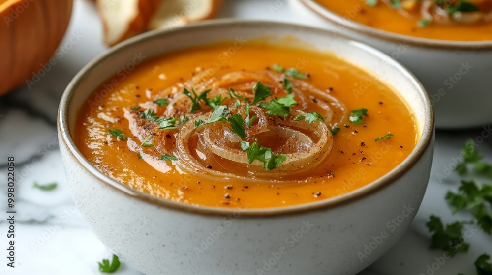 Butternut squash soup with caramelized onions and a hint of cinnamon, topped with fresh parsley, placed on a marble countertop rich and hearty Butternut squash soup with caramelized onions and a hint of cinnamon, topped with fresh parsley, placed on a marble countertop rich and hearty