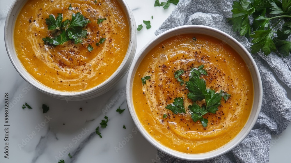 Butternut squash soup with caramelized onions and a hint of cinnamon, topped with fresh parsley, placed on a marble countertop rich and hearty Butternut squash soup with caramelized onions and a hint of cinnamon, topped with fresh parsley, placed on a marble countertop rich and hearty
