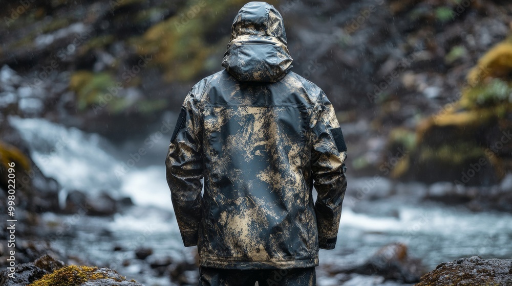 Camo-patterned rain jacket with waterproof fabric and rugged design placed on a rocky terrain background outdoor adventure Camo-patterned rain jacket with waterproof fabric and rugged design placed on a rocky terrain background outdoor adventure