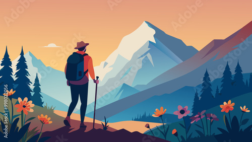 Adventurous Hiker Admiring Sunset in Mountain Landscape