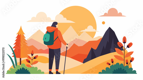 Solo Hiker Admiring Sunset in Autumnal Mountain Landscape