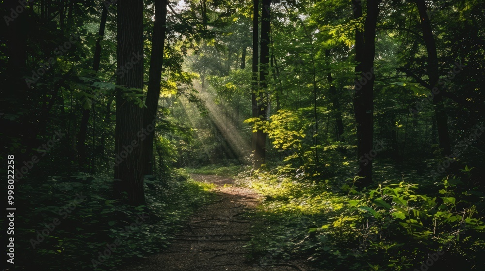 Naklejka premium Sunbeams Illuminating Forest Path