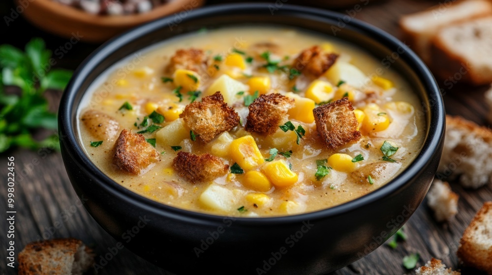 Chunky corn chowder with diced potatoes and crispy croutons, placed in a black bowl on a rustic wood table rich and flavorful Chunky corn chowder with diced potatoes and crispy croutons, placed in a black bowl on a rustic wood table rich and flavorful