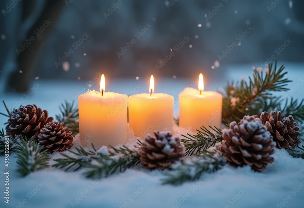 Three Burning Candles Immersed in a Bed of Snow, Surrounded by Pine Cones and Evergreen Branches Three Burning Candles Immersed in a Bed of Snow, Surrounded by Pine Cones and Evergreen Branches