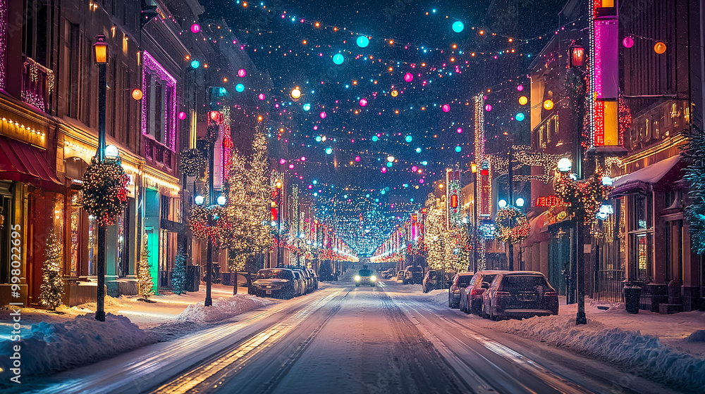 Obraz premium City street lined with Christmas lights, buildings and trees glowing with festive colors, snow falling gently, holiday cheer 