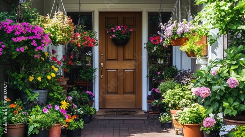 A front door slightly, surrounded by vibrant hanging flowers and numerous potted plants, creating a warm and welcoming entrance