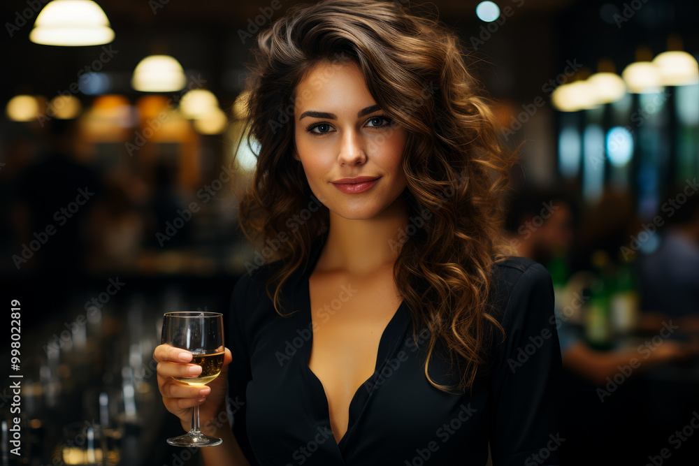 A woman in a black dress holding a wine glass. She is smiling and she is enjoying herself A woman in a black dress holding a wine glass. She is smiling and she is enjoying herself