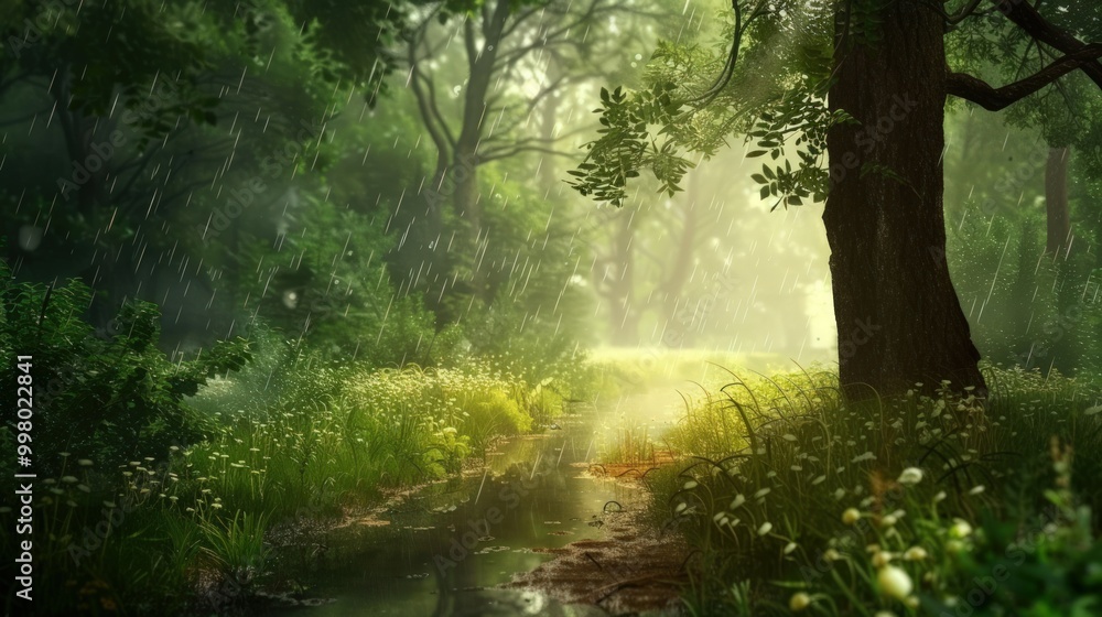 Tranquil Rain Shower in a Lush Forest Tranquil Rain Shower in a Lush Forest