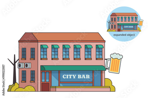 Vector illustration of Downtown Bar building with beer sign and editable outline