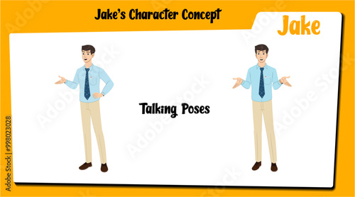 A male employee cartoon character talking AKA Jake, men wearing an office uniform.