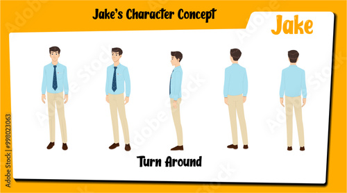 A male employee cartoon character turn around sheet AKA Jake, men wearing an office uniform.