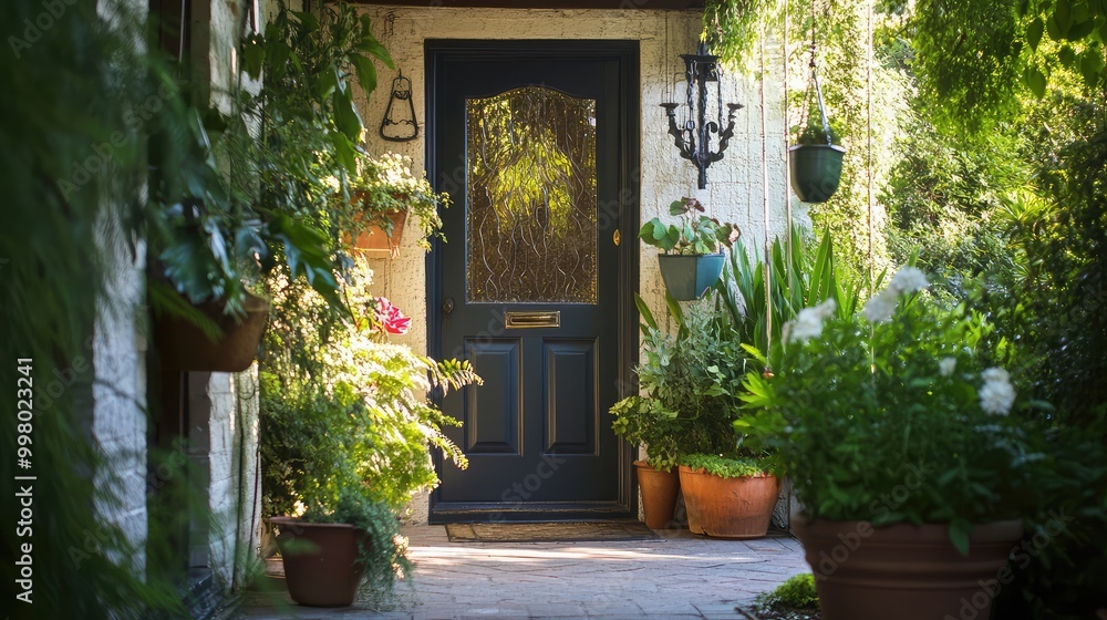 Fototapeta premium A front door slightly ajar with a lush garden porch, where potted plants and wind chimes create a soft, inviting scene