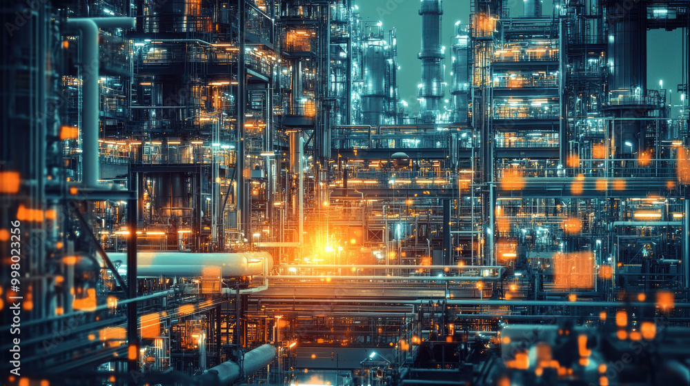 Naklejka premium vibrant petrochemical production plant showcasing intricate refining equipment and illuminated structures. scene captures complexity and scale of industrial operations, evoking sense of innovation